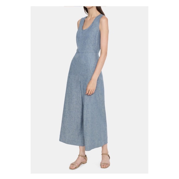 New! THEORY Seamed Wide Leg Jumpsuit in Linen Denim - Picture 2 of 9